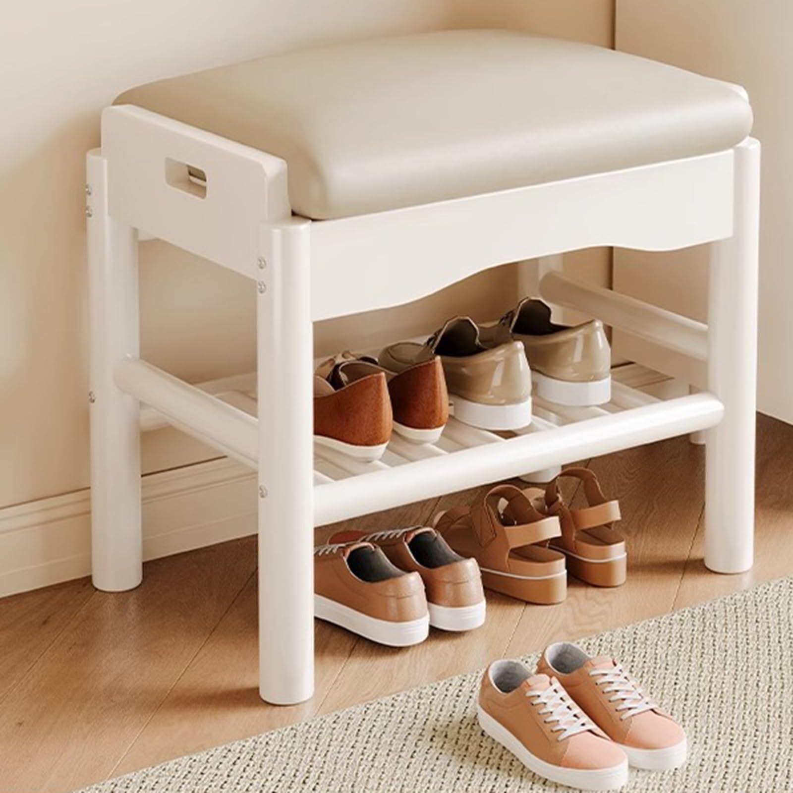 Banc d'entrée en bois blanc anti-désordre avec étagère à chaussures et assise rembourrée