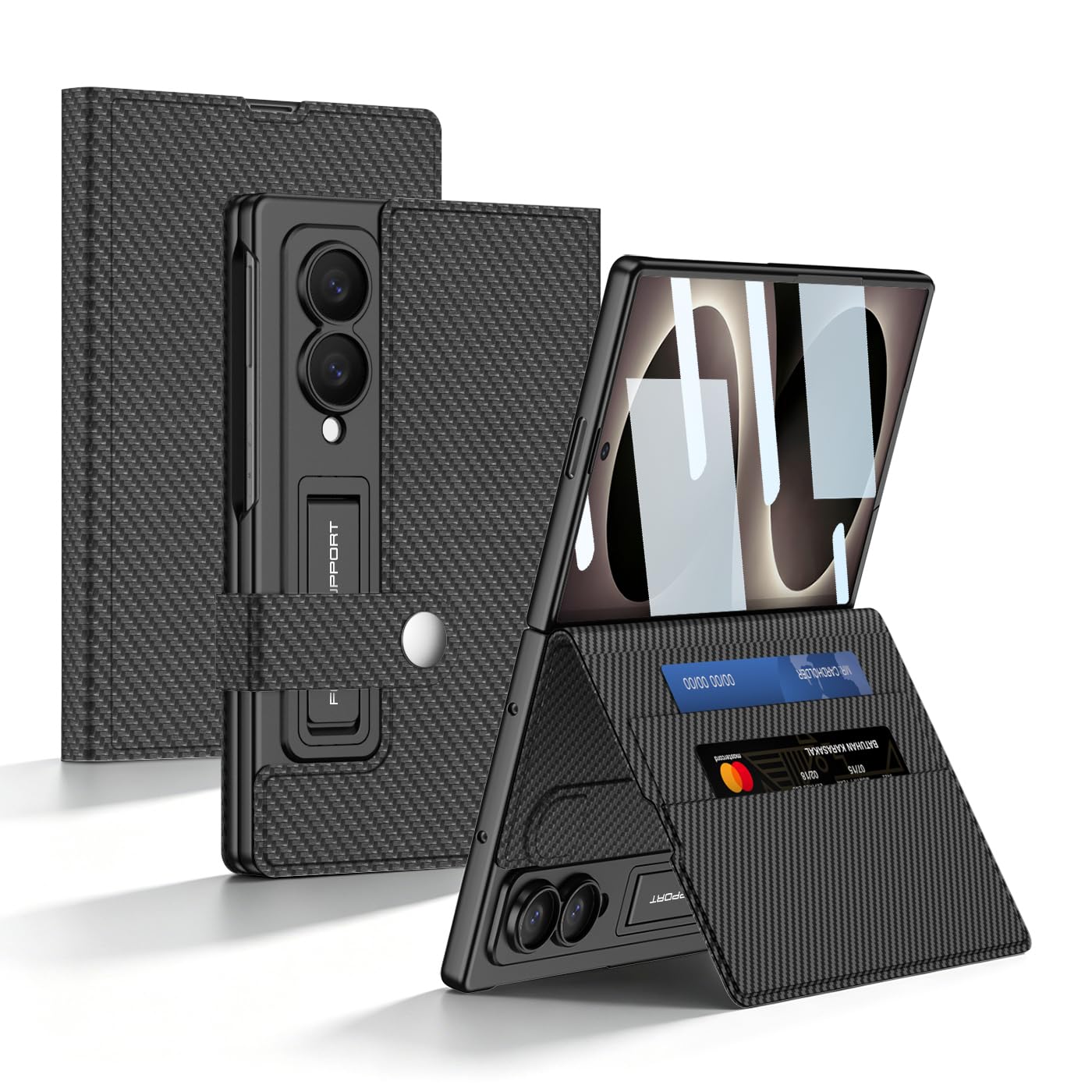 COQUE Etui na telefon Galaxy Z Fold 8, skórzane etui z klapką z miejscem na karty, hartowana folia, pełna osłona ochronna z zawiasami do Samsung Galaxy Z Fold 8 - włókno węglowe