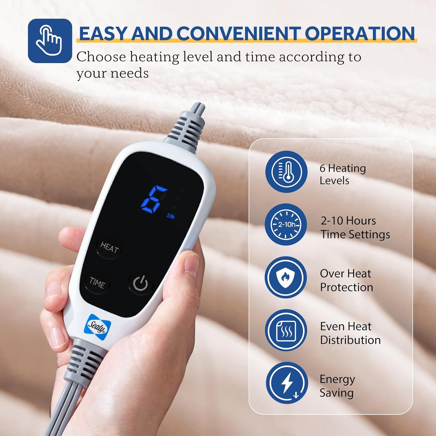 Sealy Heated Throw Wearable Shawl Wrap with Pockets, Reversible Flannel to Sherpa Electric Blanket Hoodie Poncho with 6 Heating Levels & 2-10 Hours Time Settings, 50 X 60 Inch, Beige - Image 5