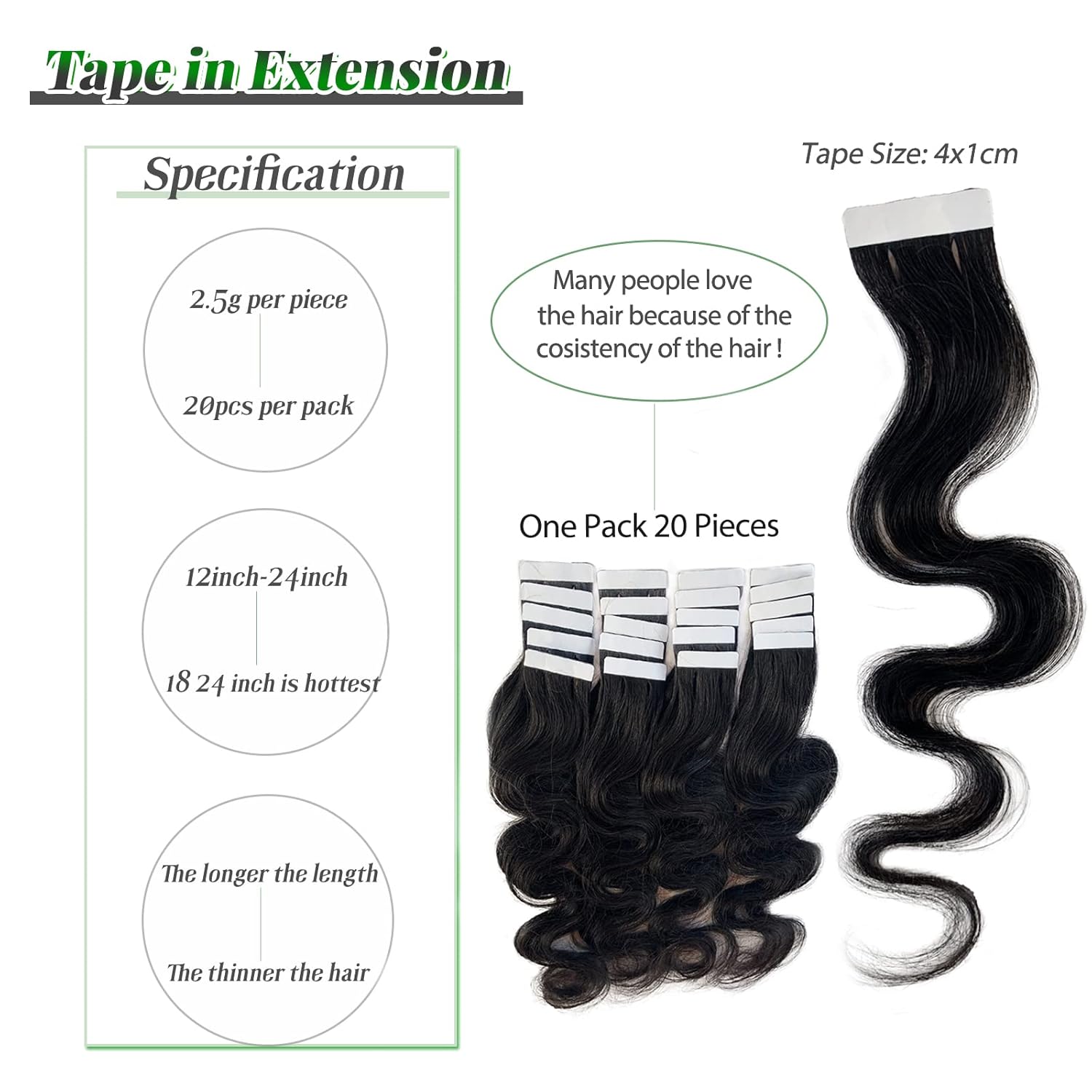 Wavy Tape in Hair Extensions Human Hair Short Black Body Wave Tape in Extension 50g 20pcs Double Sided Natural Tape ins for Black Women Body Wave Hair Extensions Real Human Hair 14 Inch