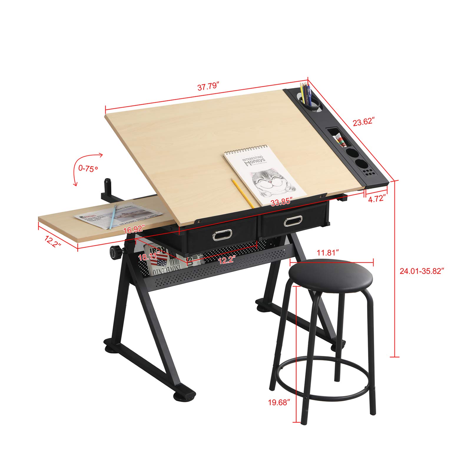 MIADOMODO® Tavolo da Disegno - Piano Inclinabile, Altezza Regolabile, con 2 Cassetti e Sgabello, Artistico, da Architetto - Scrivania da Disegno Tecnico