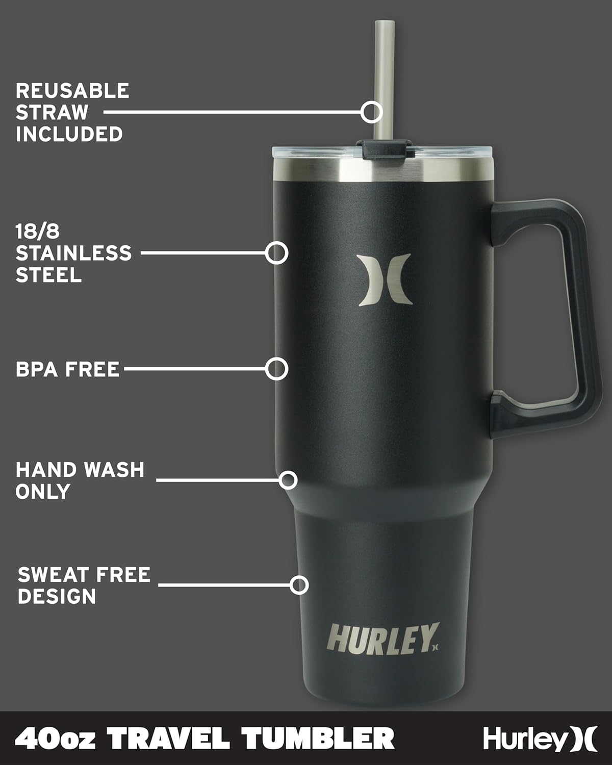 Hurley Tumbler Thermos - 40oz Double Wall Vacuum Insulated Travel Mug with Handle - BPA Free Stainless Steel Water Bottle - Leak Proof Hot and Cold Coffee Car Cup, Size 40 Ounces, Black