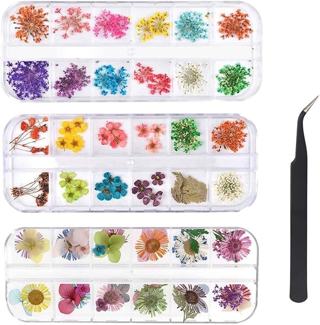 KAHEIGN 96 Pieces Nail Dried Flower, 3D Nail Art Real Dried Flower Nail Applique Nail Parts Preserved Flower Manicure Nail Art Decoration - with Tweezers
