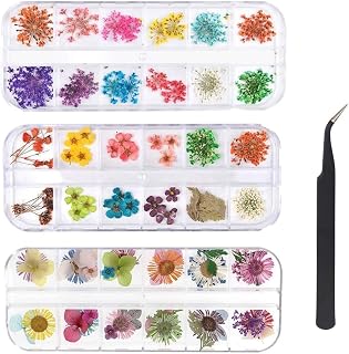 KAHEIGN 96 Pieces Nail Dried Flower, 3D Nail Art Real Dried Flower Nail Applique Nail Parts Preserved Flower Manicure Nail Art Decoration - with Tweezers