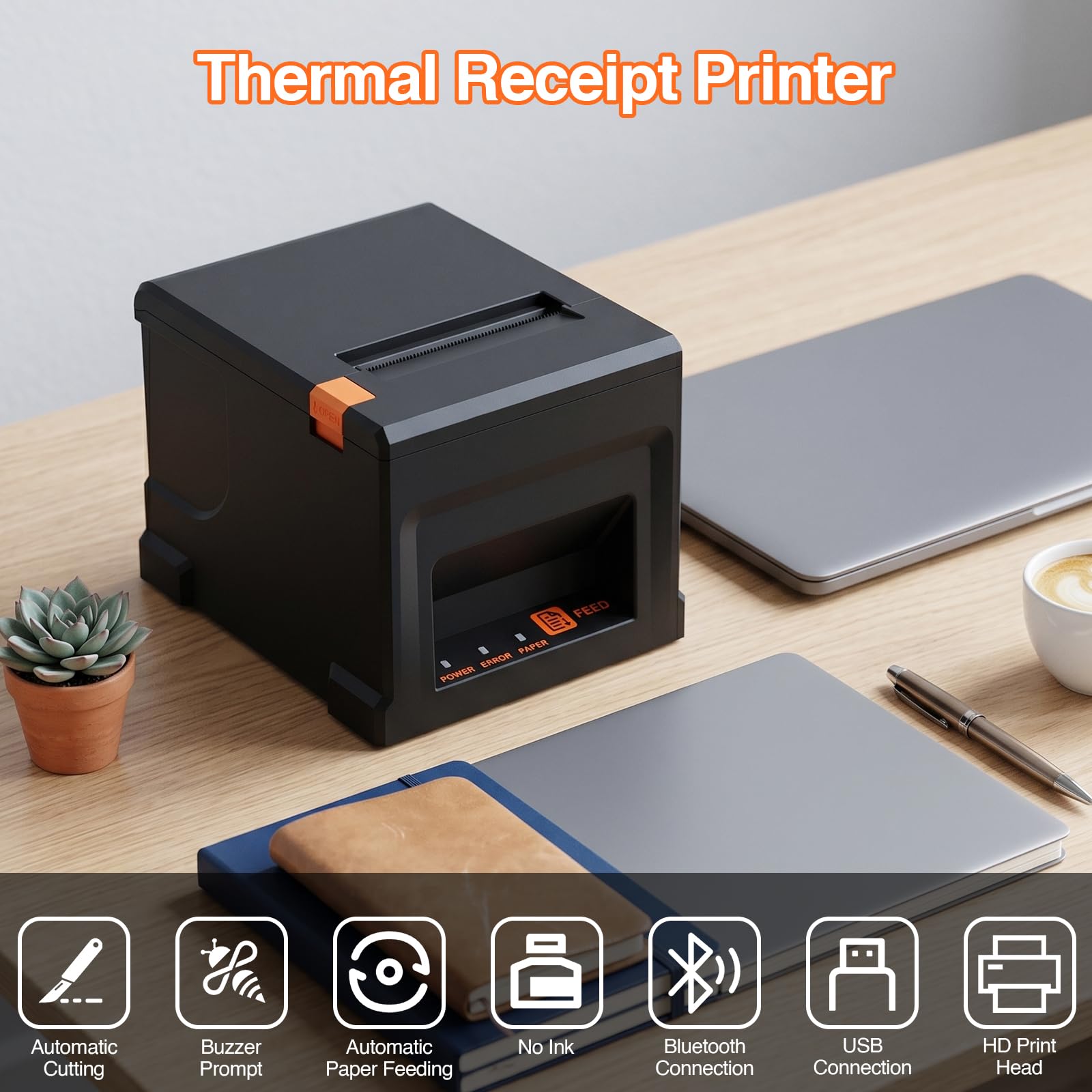 Imprimante thermique 300 mm/s 80 mm POS avec 6 rouleaux de papier, USB & BT, tiroir de caisse automatique Windows/Mac/Linux