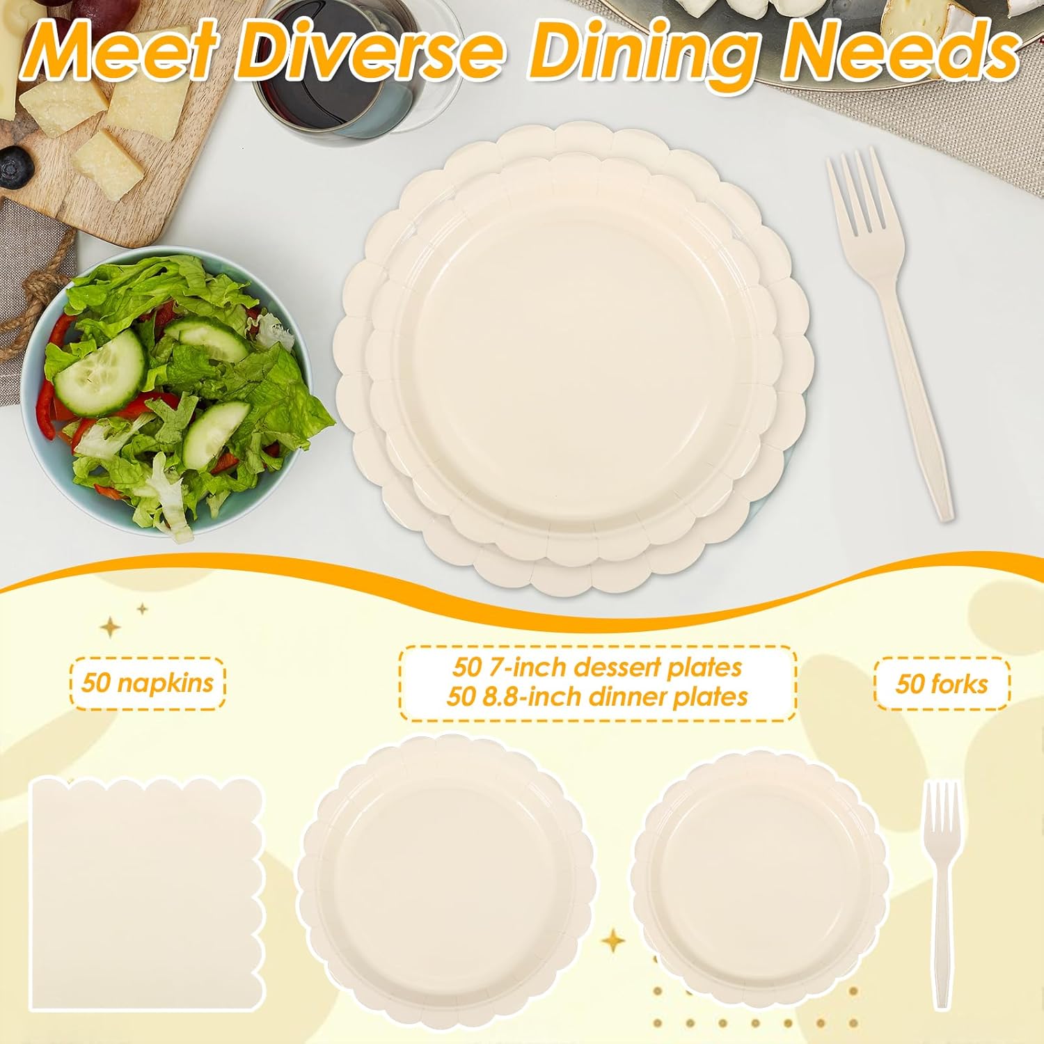 200Pcs Ivory Paper Plates and Napkins Set Party Supplies,Disposable Tableware set for Serves 50 Guest,Include 100 Scalloped Plates, 50 Napkins and 50 Forks Set for Bridal Shower Wedding Birthday Party