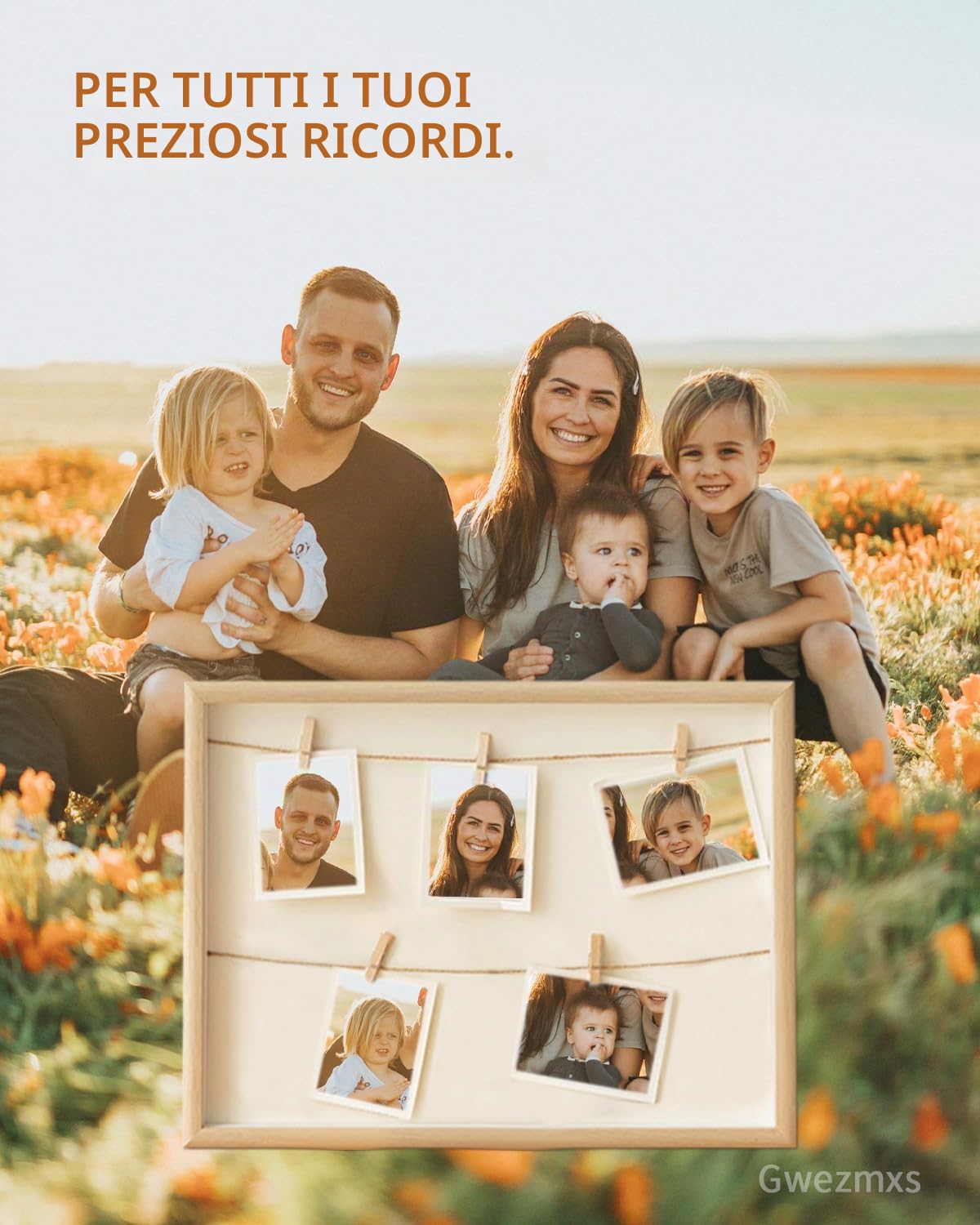 Portafoto con Mollette, Porta Foto, Appendi Foto con Mollette, Portafoto da Parete, 7 Clip, Legno, 42x32cm