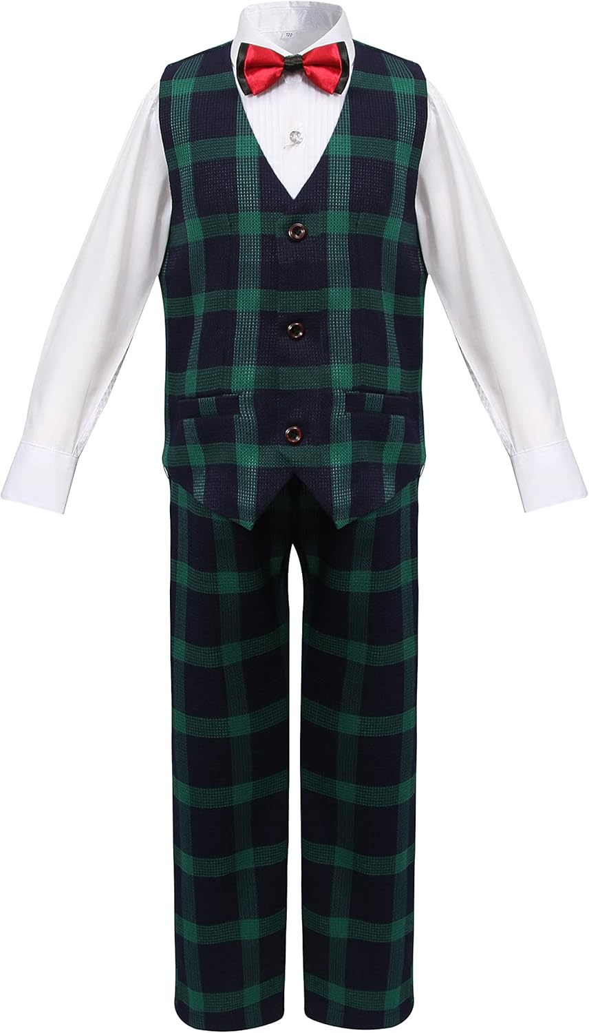 Gele Boy 4 Pieces Plaid Formal Suit Set,Vest+Pants+Blazer+Bow Tie