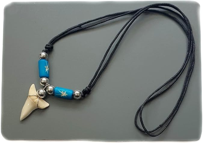 Swimmi Genuine Mako Shark Tooth Necklace for Men Women with Seed Beads and Adjustable Waxed Cord Handmade Jewelry CA268, Blue