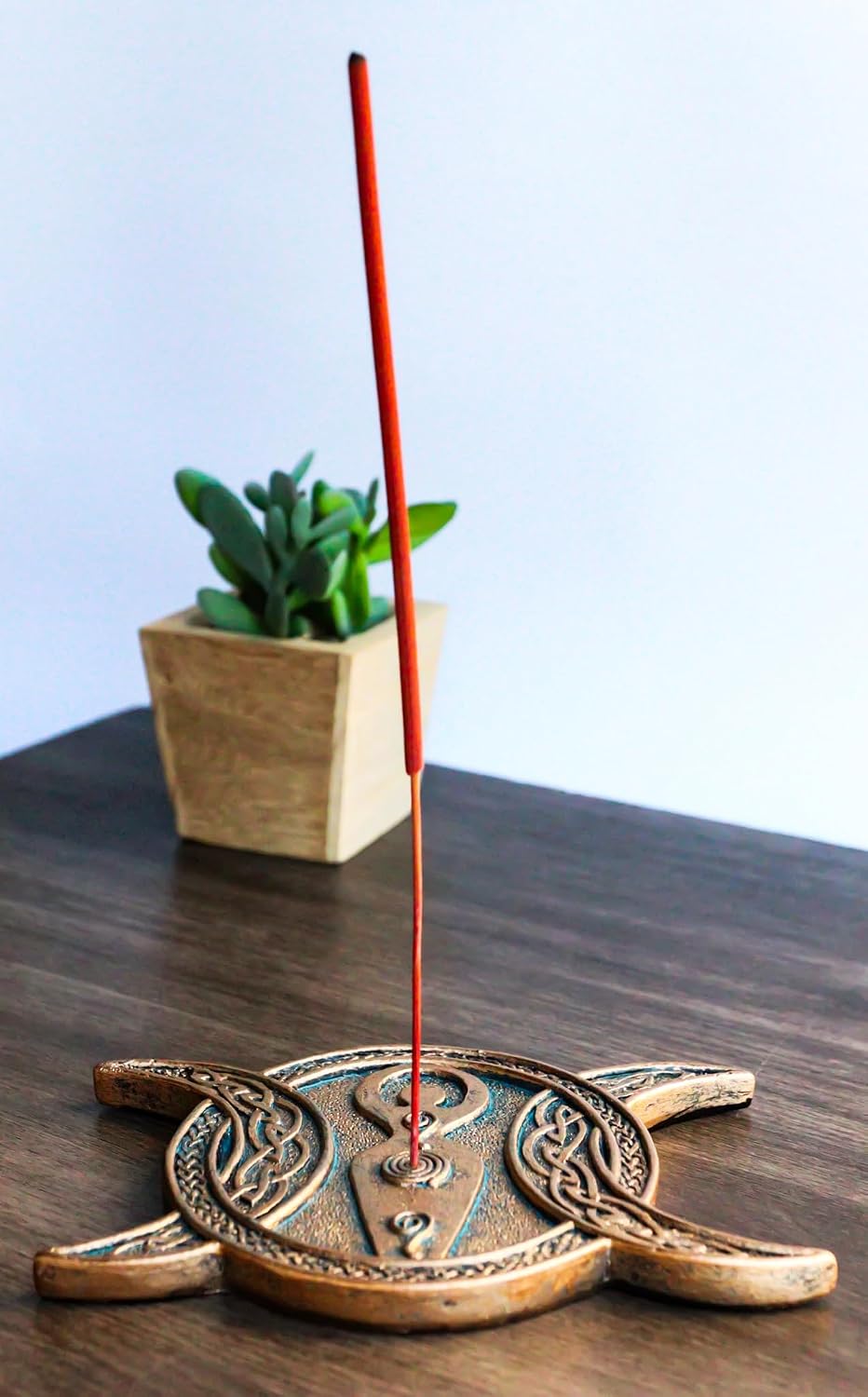 Ebros Gift Sacred Spiral Goddess Triple Moon with Celtic Knotwork Incense Stick Holder Burner Figurine Crescent Full Waning Moons Home Fragrance Tabletop Altar Decor
