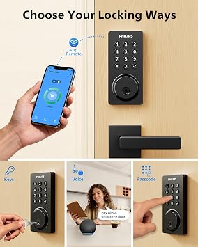 Philips WiFi Smart Door Lock with Handle, Built-in WiFi App Remote Control, Keyless Entry Door Locks for Front Door, Smart Deadbolt Auto Lock, Support Alexa & Google, IP54 Waterproof, Matte Black | 100 User PIN Codes, Anti-Peep Code, Waterproof, Auto Lock, Support Alexa & Google Voice