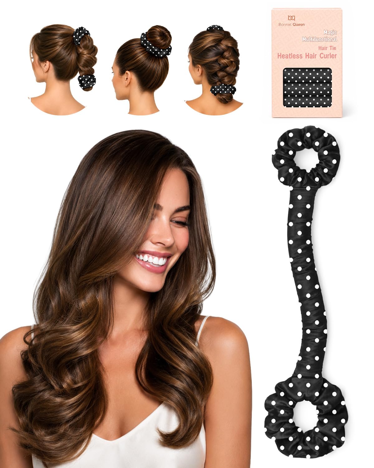 BONNET QUEEN Large Multi Function Satin Heatless Hair Curler, Soft Overnight No-Heat Curling Rod with Scrunchie Hair Tie, Sleep Hair Rollers for Long Thick Medium Hair, Curls & Waves, Champagne