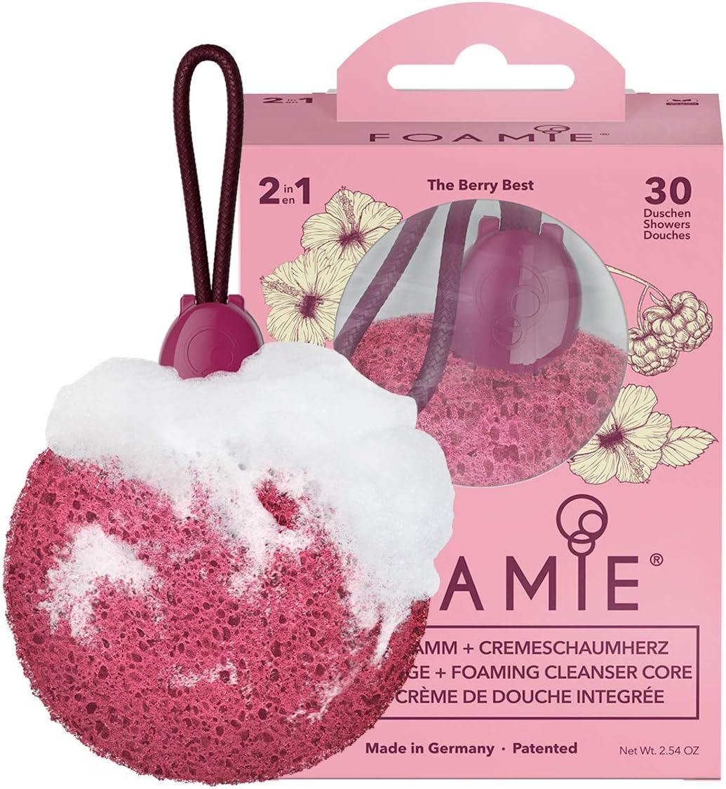 Foamie Sponge, Berry with Cleansing Core - Foams when Wet, Soap-Free, No Nasties, Vegan - Perfect for Travel