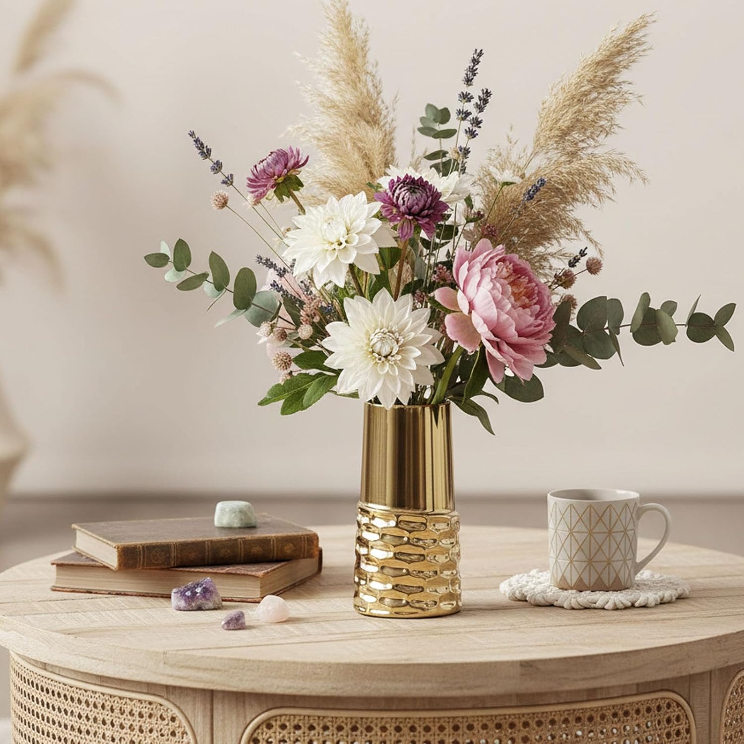 Gold Ceramic Art Deco Vase for Pampas Grass Decorative-Decorative Statue for Home Decor,Elegant Centerpiece Vase for Thanksgiving/Fall Flowers,Cute MCM for Living Room/Office