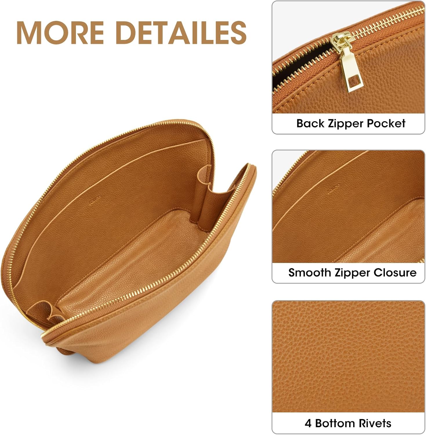 Kattee Leather Makeup Bag, Travel Cosmetic Bag Set, Toiletry Bag Organizer for Women, 1-PACK, Medium, Brown - Image 5