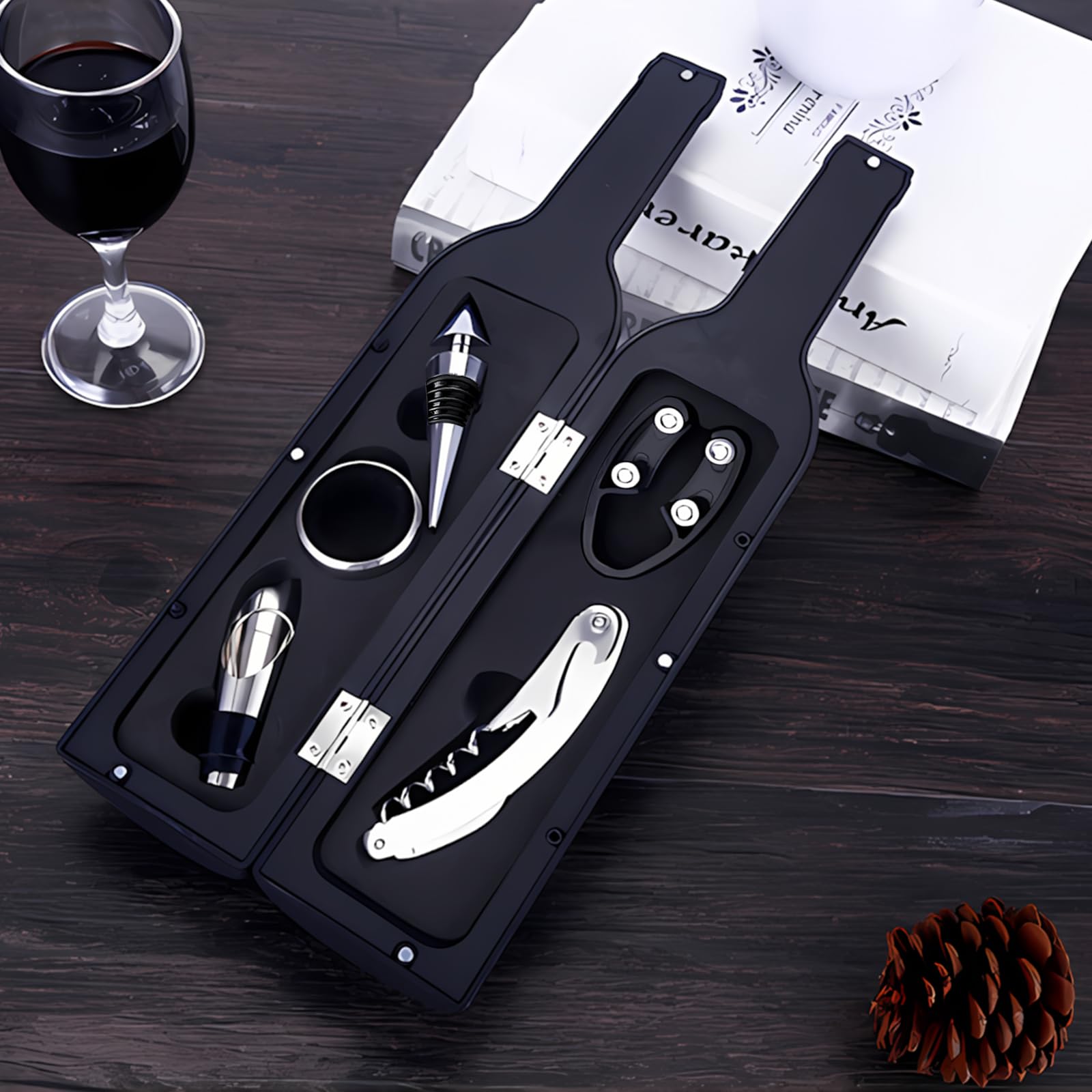 Set di Accessori da Vino a Forma di Bottiglia di Vino, Set di cavatappi, Set Regalo di Accessori per Il Vino, Set di apribottiglie, Set di Sommelier del Vino con apribottiglie (Red bottle001)
