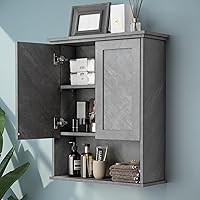 Vista 10 de Armario de pared de baño negro de 23 x 29 pulgadas, botiquín de madera con 2 puertas y estante ajustable, armario montado en la pared sobre inodoro