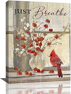 Red Cardinal Wall Art American Red Cardinal Pictures Cardinal Bathroom Decor Just Breathe Farmhouse Wall Art Rustic Flower Canvas Print Painting Framed Artwork for Kitchen Bathroom Bedroom 16"x20"