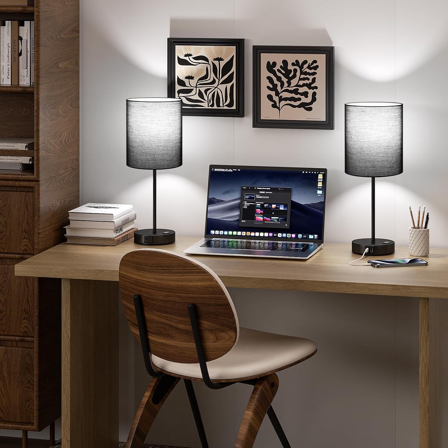 Black Touch Lamps for Nightstand Set of 2 - Bedside Table Lamp for Bedroom with Dual USB Ports & AC Outlet, 3-Way Dimmable Lamps for Living Room Boys Room, Night Light with 5000K Daylight Bulbs