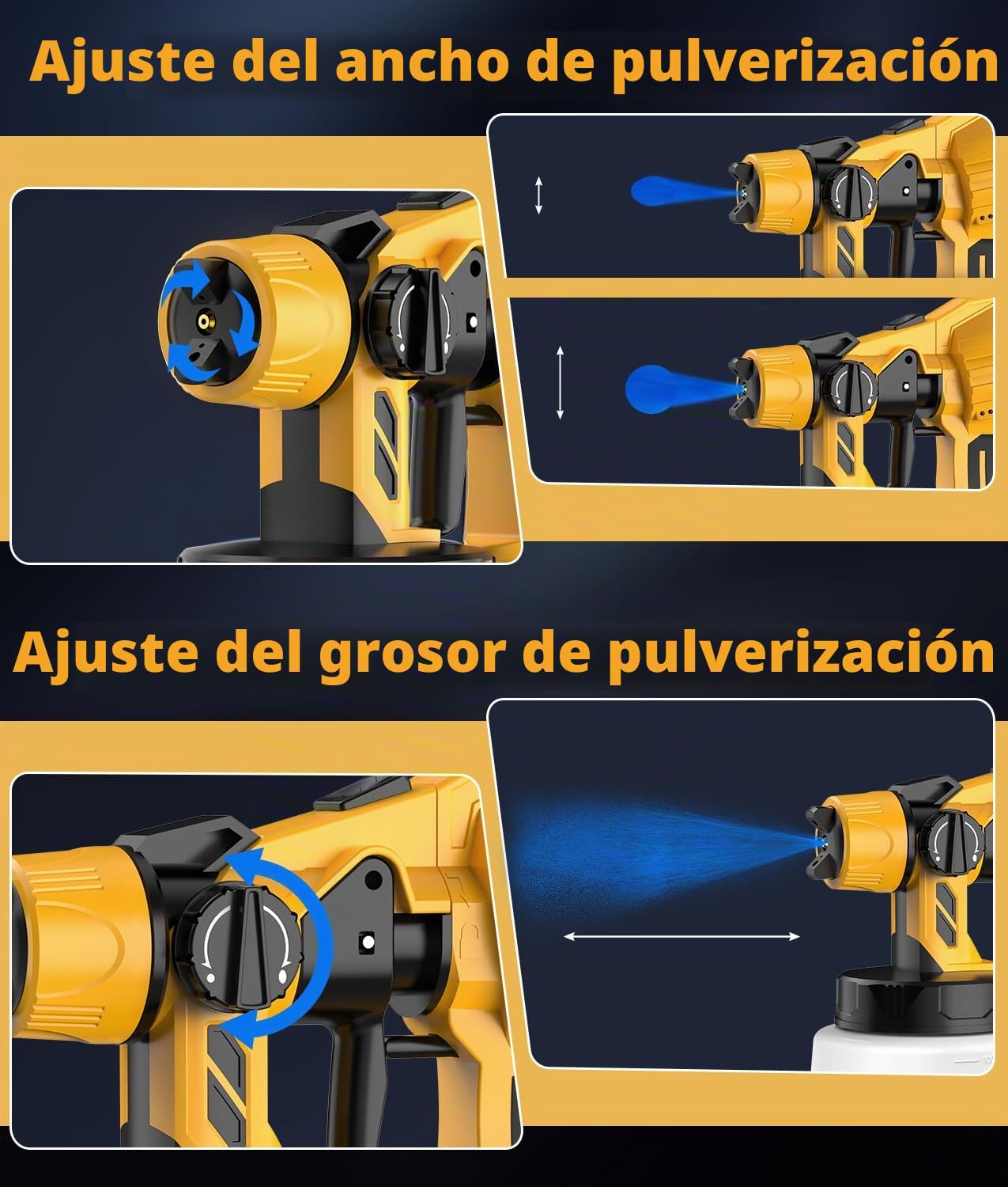 WADEO Pulverizador de Pintura HVLP 800 W, Pulverizador Eléctrico con 8 Boquillas & 3 Patrones, 1000 ml, Flujo y Ángulo de Rociado Ajustables, para Vallas, armarios, Paredes, techos, Muebles, jardín
