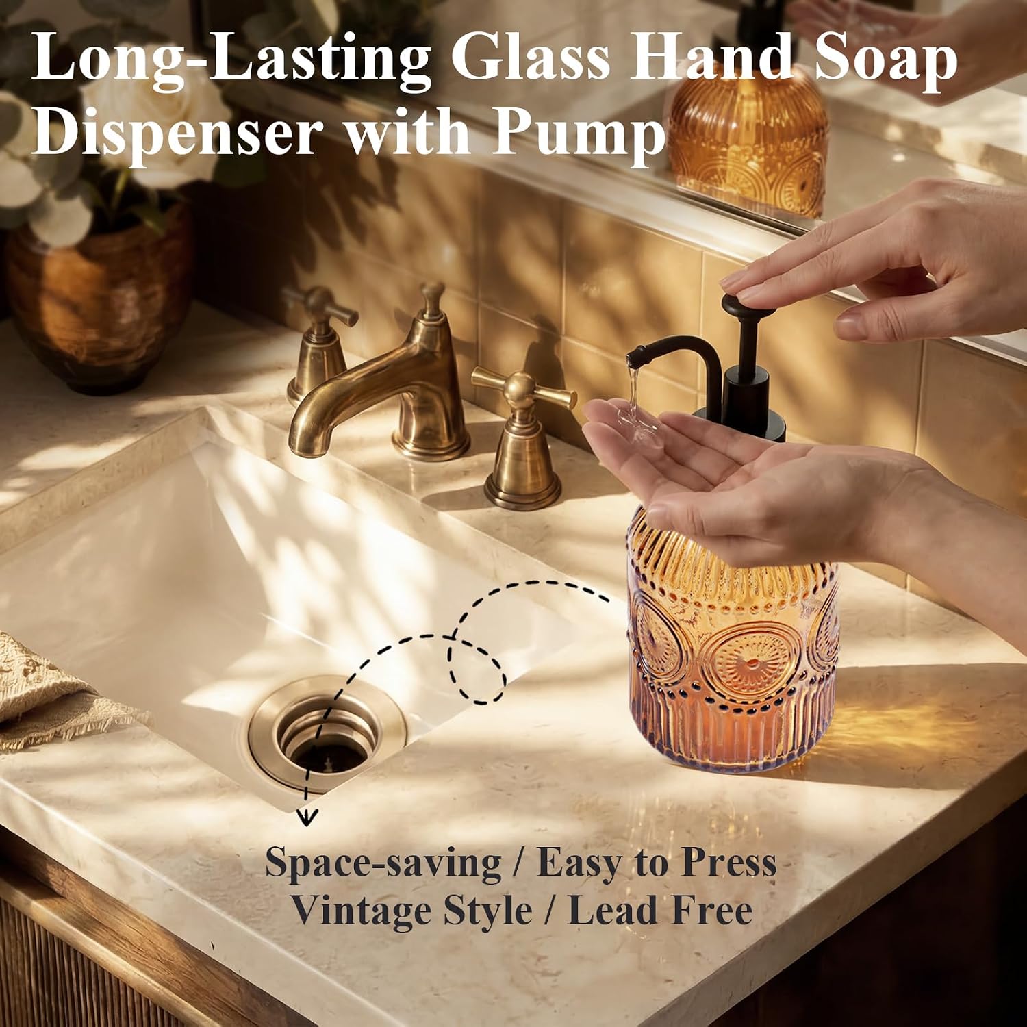 Amolliar 12 Oz Glass Soap Dispenser with Plastic Pump,Brown-Black,1 Pack