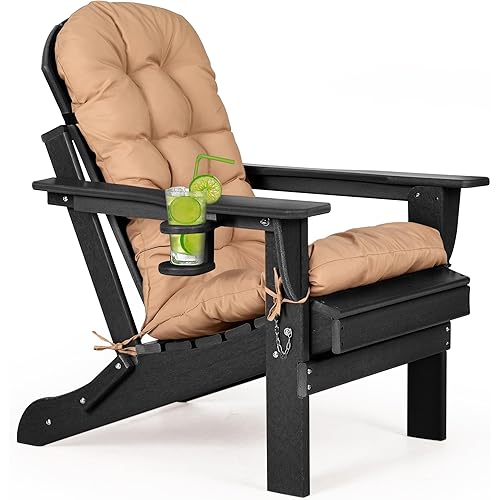 nalone Folding Adirondack Chair with Cushion with Cup Holder, HDPE Plastic Oversized Patio Chair Weather Resistant, Used in Outdoor, Fire Pit, Deck, Garden, Campfire Chairs (Black)