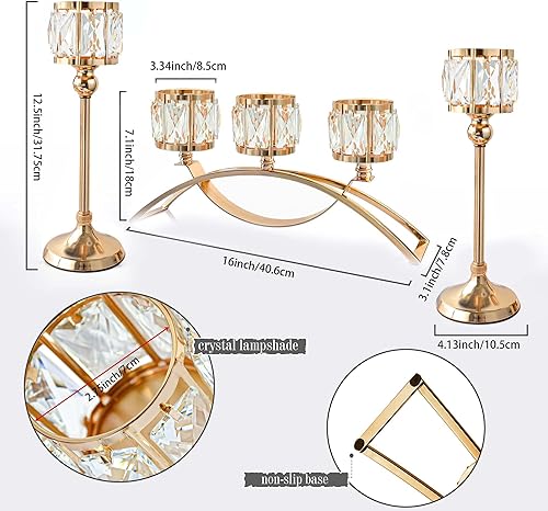 Miniatura 3 de Juego de 3 portavelas de cristal dorado francés soporte de candelabro con 3 brazos centros de mesa para chimenea hogar sala de estar boda día
