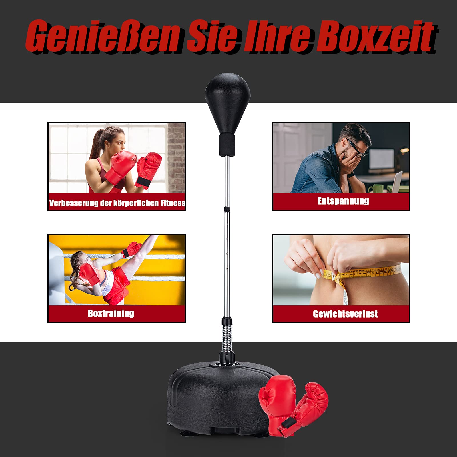 GOPLUS Piłka bokserska bokserska, 4-stopniowa regulacja wysokości, stojący trener bokserski z dopasowaną podstawą i rękawicami bokserskimi, redukcja stresu i fitness, dla dorosłych, chłopców i
