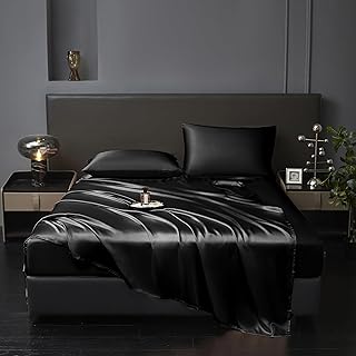 Revdomfly 4 Pcs Queen Size Luxury Silky Soft Black Satin Sheet Set,1 Premium Moisture Wicking Fitted Sheet Fits Up to 16 Inches Deep Pocket + 1 Flat Sheet + 2 Pillowcases(Black, Queen)