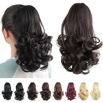 Dark Brown Ponytail Extensions,Claw Cilp Ponytails Extension for Women Wavy 12" Synthetic Pony Tail Wave Halloween Fluffy Hairpiece for Daily Use