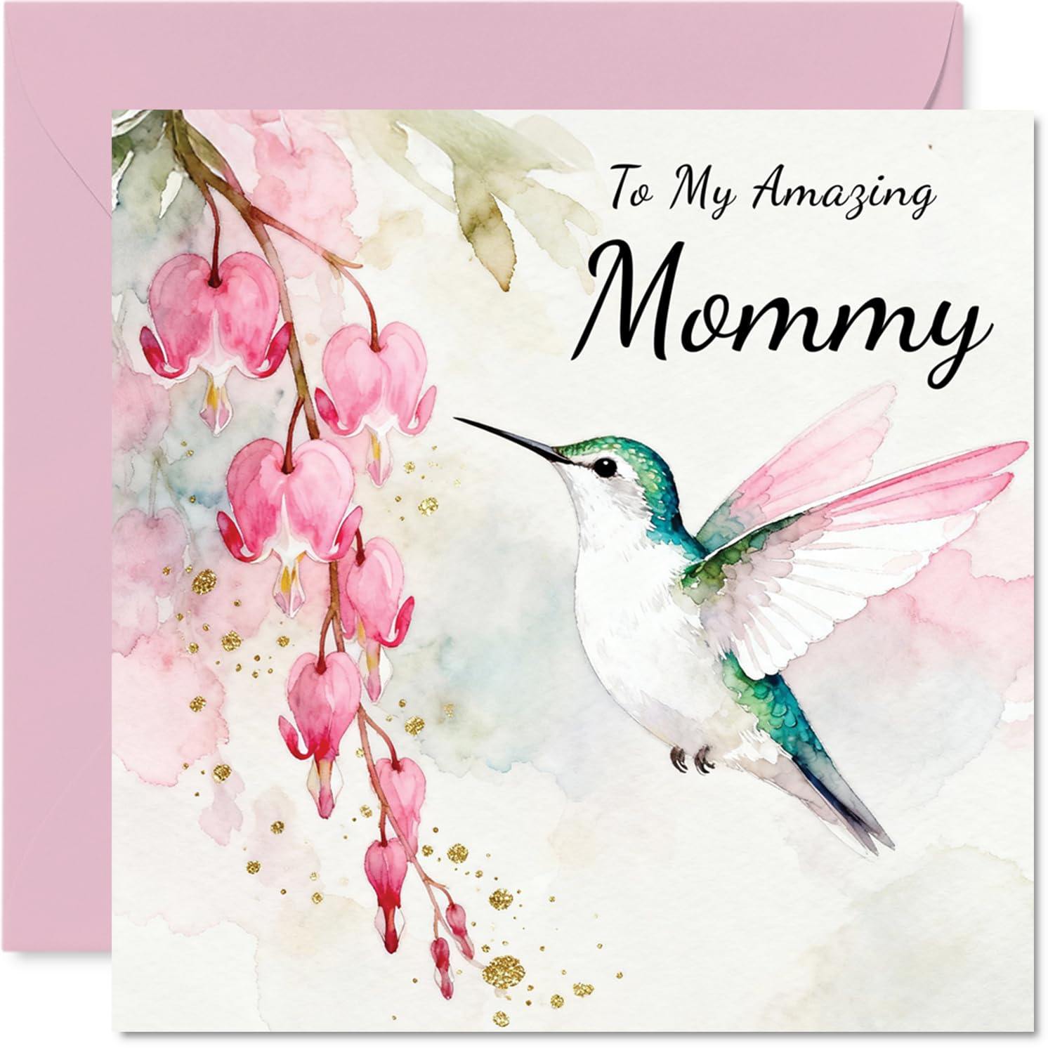 Mommy Birthday Card - Hummingbird Wishes - Happy Birthday Card for Mommy from Son Daughter, 145mm Pink Floral Illustration Bday Greeting Cards