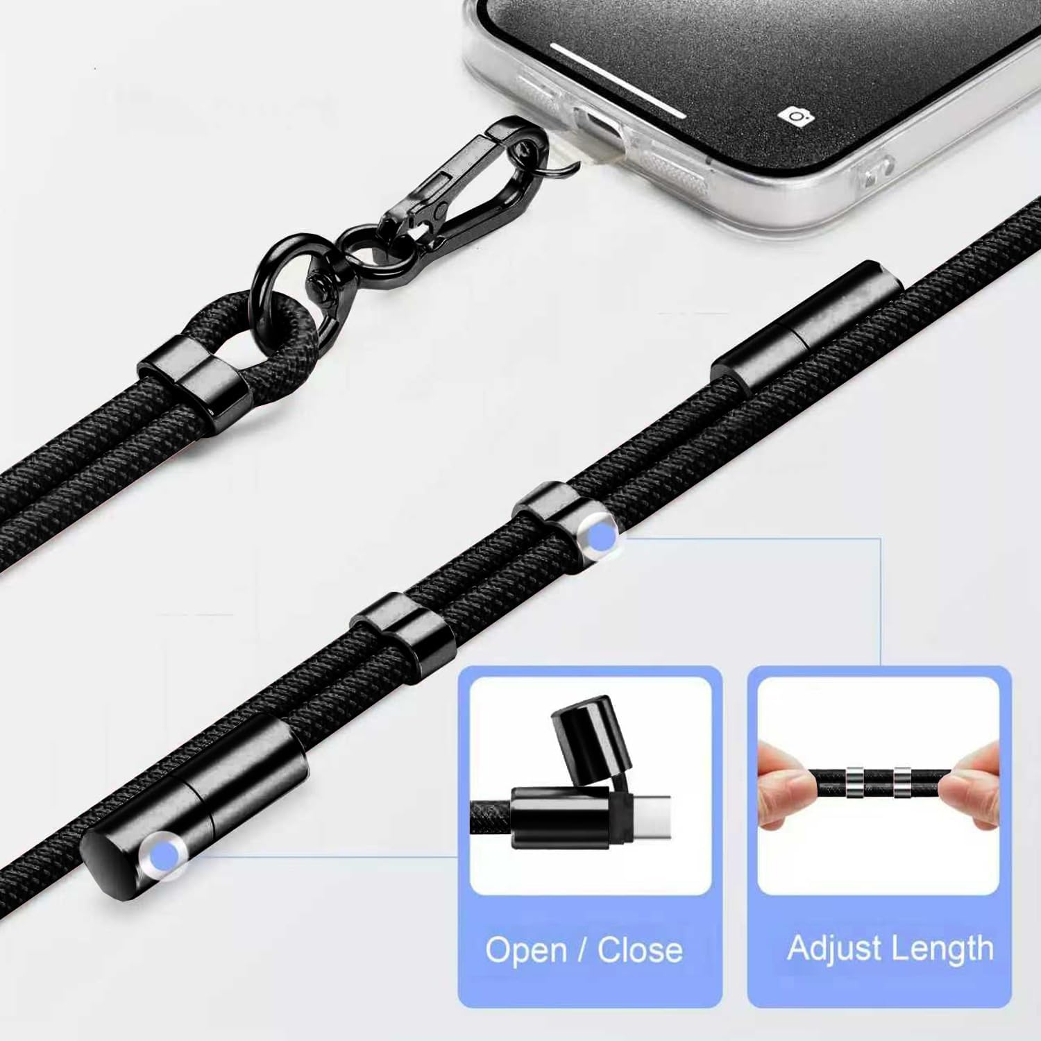2-in-1 Phone Lanyard USB-C Charging Cable, 60W Fast Charge Braided Crossbody Strap, Adjustable Anti-Lost Cord