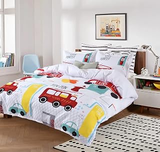 Caurbed Kids Duvet Cover Fire Truck Boys Girls Duvet Cover Single Bedding Set with 1 Pillowcase Soft Microfiber Reversible Bedding Comforter Cover 135 x 200