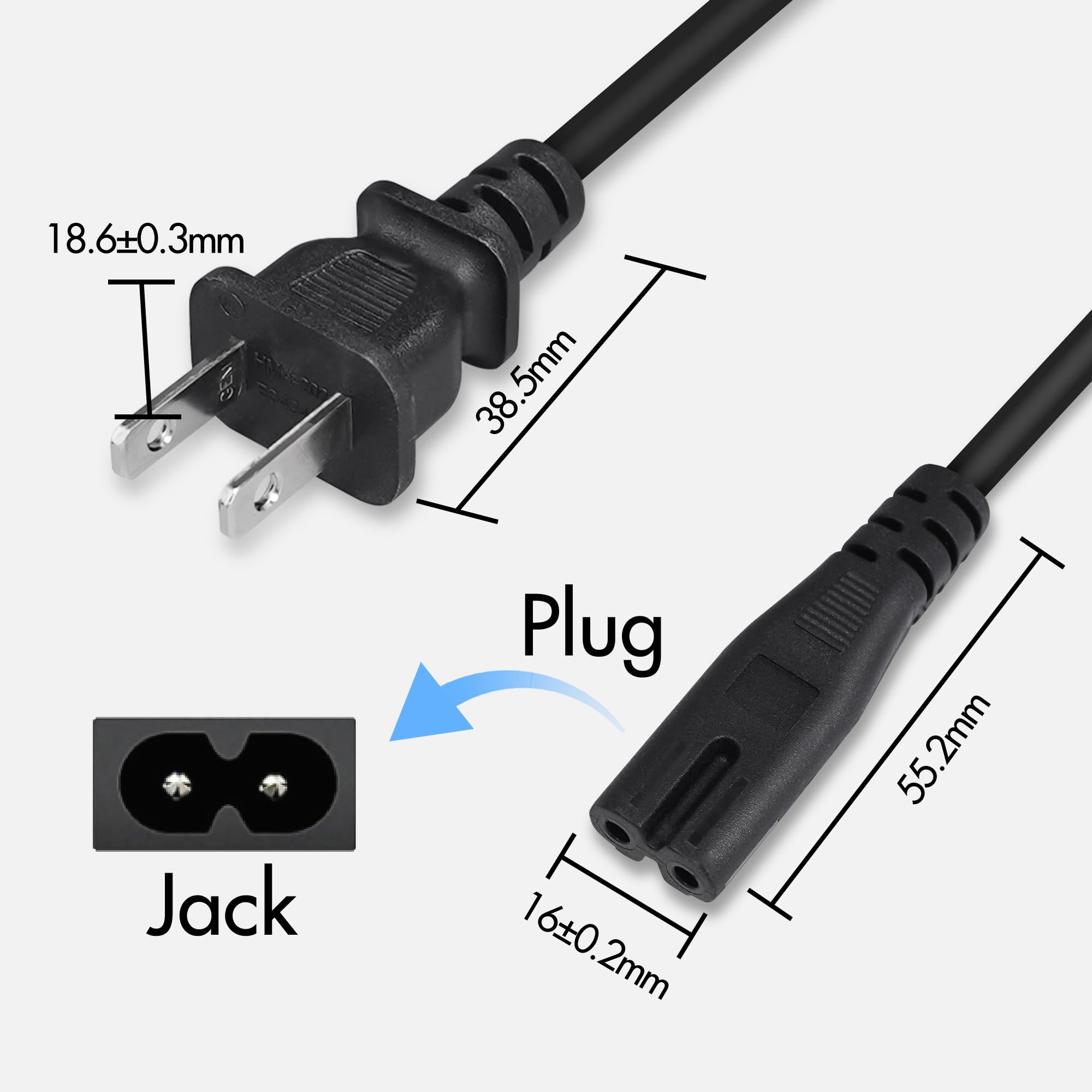 POWERCORDS - Paquete de 2 cables de alimentación de CA en espiral de 2 clavijas de 6.5 pies, en espiral con figura 8 cable de alimentación compatible con Samsung LG Sony Insignia Toshiba Hisense PS5,