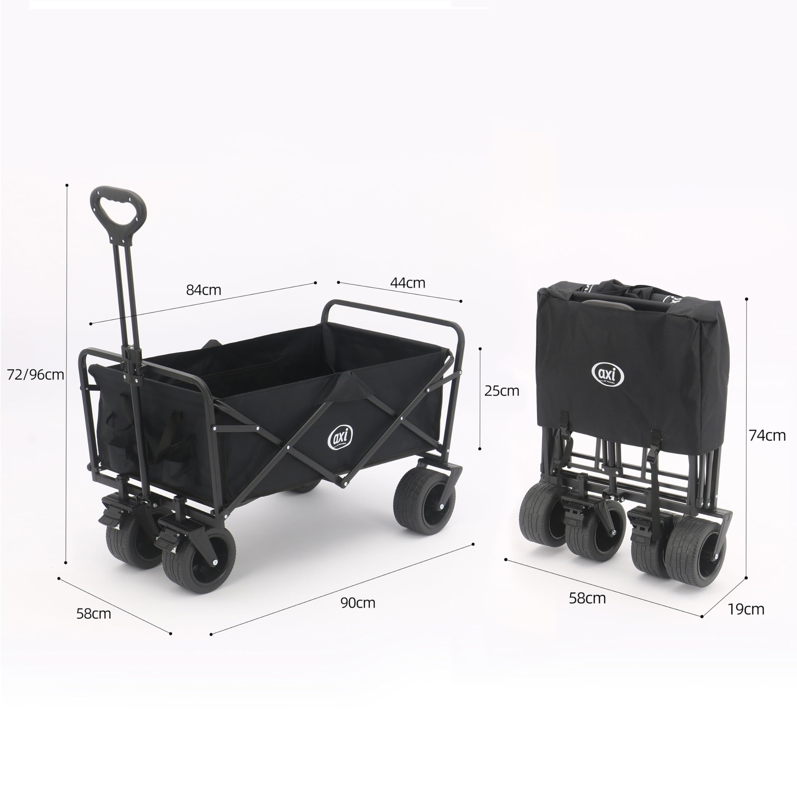 AXI SB131 Faltbarer Bollerwagen in Schwarz | Handwagen Klappbar/Faltbar mit Zugstange, Gurt, Hülle, Innentasche & Getränkehalter - PP Gummireifen | Kapazität: 100 l