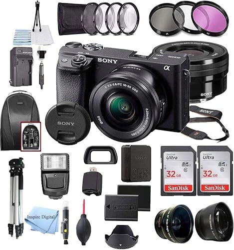 Alpha a6400 Cámara digital sin espejo Sensor de 24.2 MP con lente de 0.630-1.969in, paquete de 2 tarjetas de memoria SanDisk de 32 GB, mochila,
