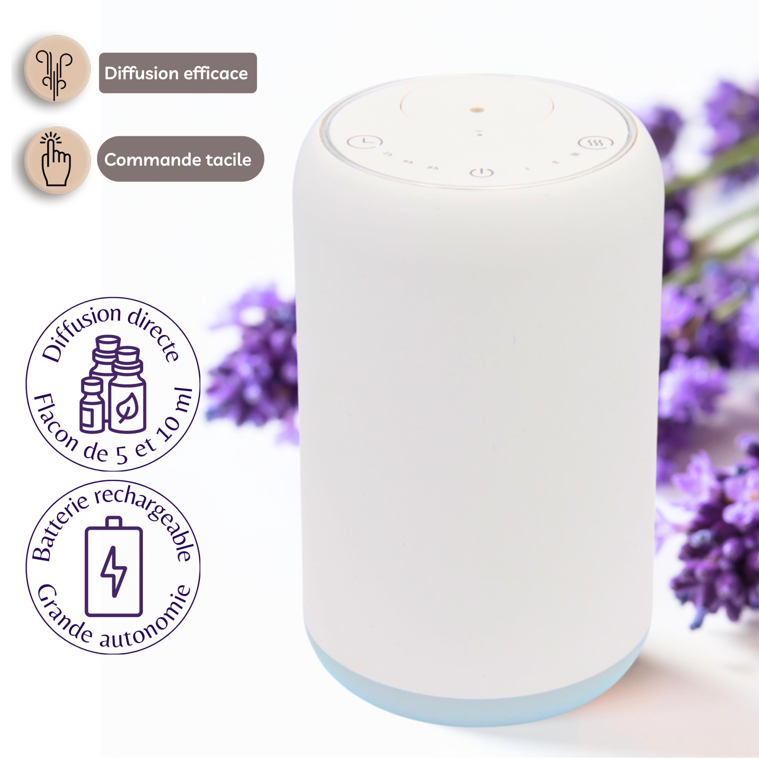 Zen’Arôme Diffuseur d’Huile Essentielle par Nébulisation Nomade Movisia V2, Surface de Diffusion jusqu'à 80 m², Boutons tactiles, Batterie Rechargeable, sans Fil, Lumière LED Intégrée