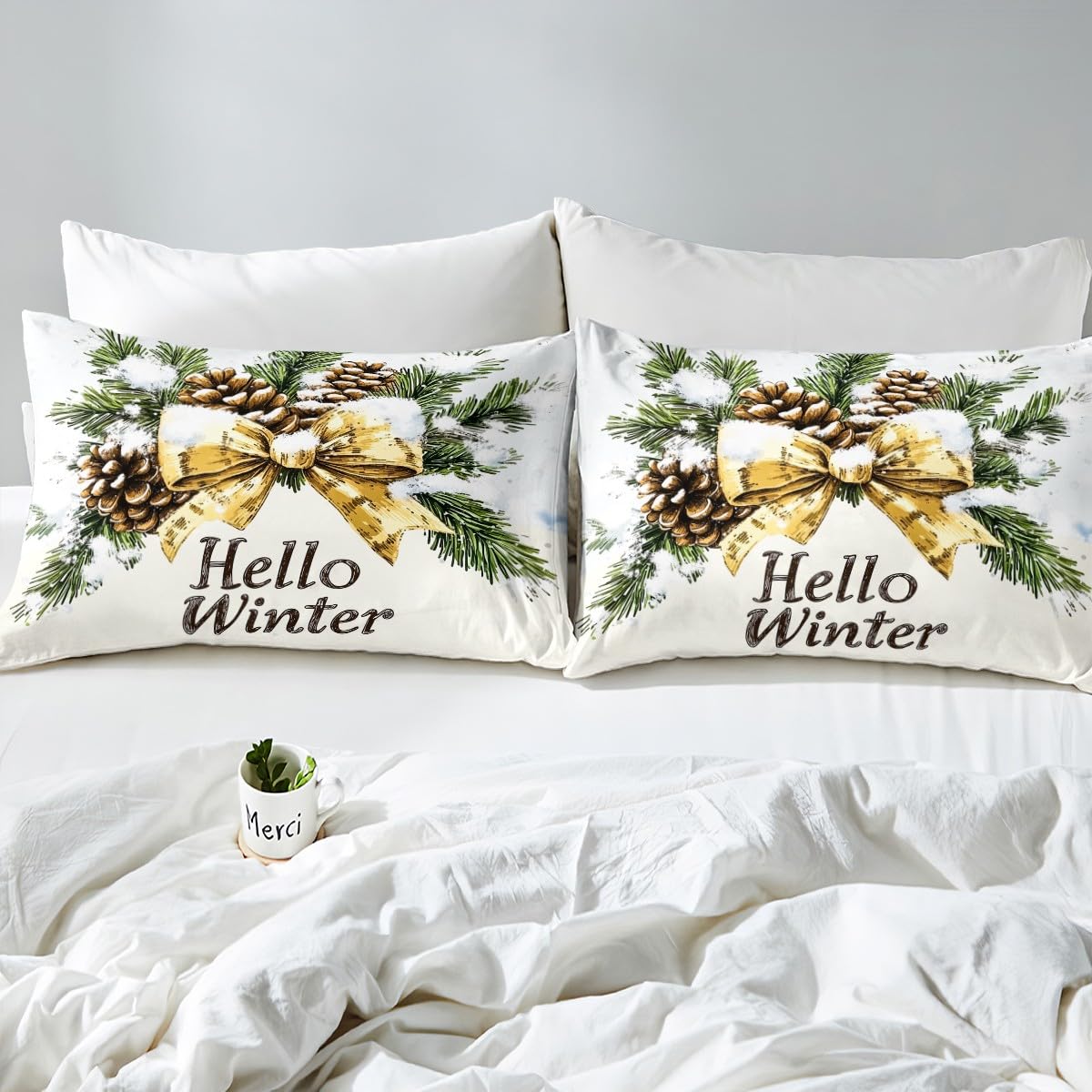 Homemissing Weihnachts-Bettwäsche-Set für Doppelbett, Hello Winter, für Kinder, Jungen, Mädchen, Fliegen, Bettlaken mit tiefer Tasche, Spannbetttuch, Schneeflocken-Bettwäsche-Set, Muschel