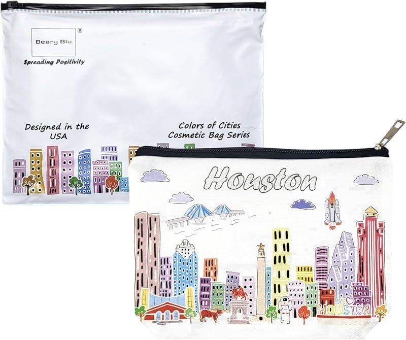 Necessaire de maquiagem Beary Blu Houston com zíper, algodão canvas, 25,4 x 1,27 x 17,78 cm