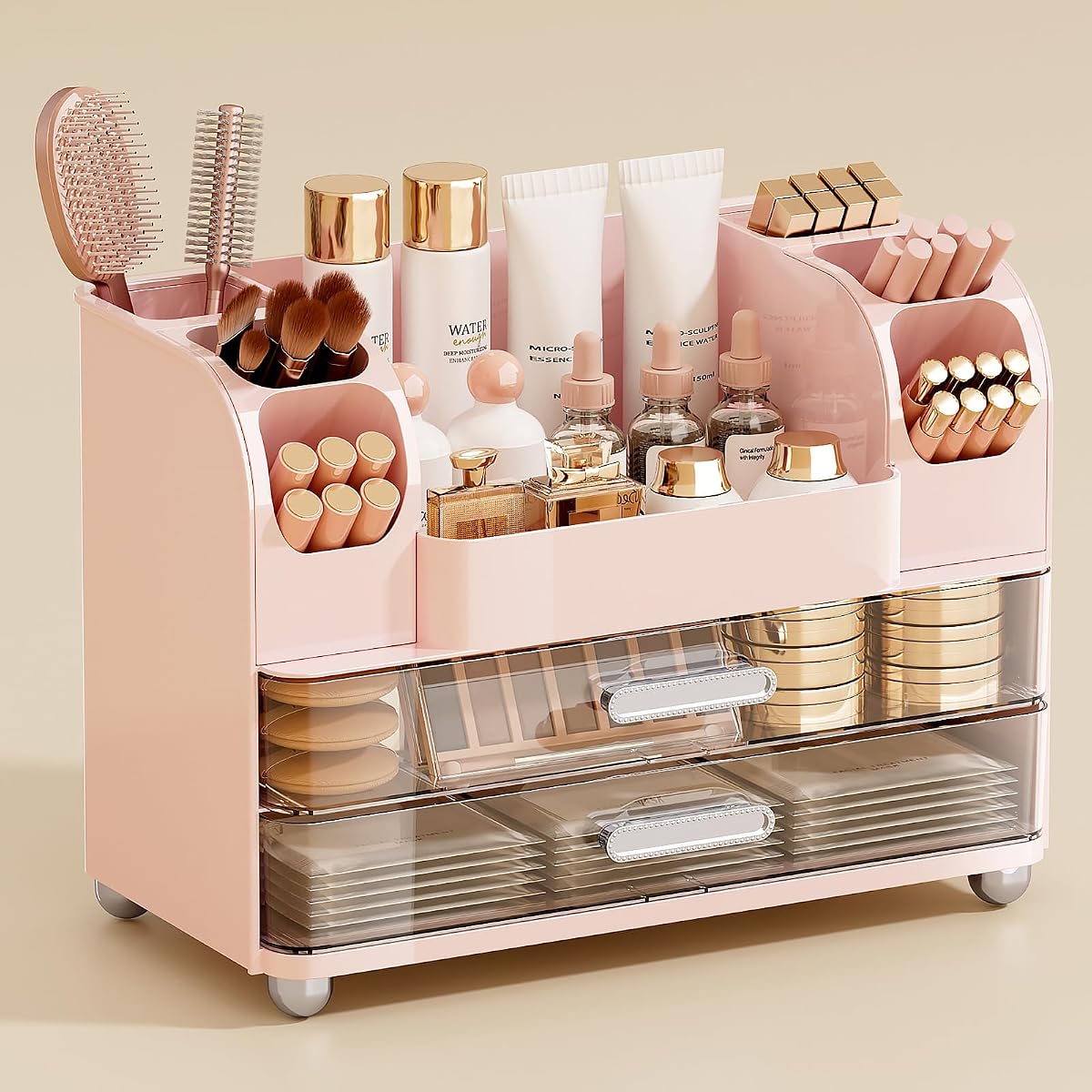 UFORU Makeup Organizer Countertop with 2 Large Drawers for Vanity Bathroom | Brush Holder, Large Capacity, Thickened Plastic, Compact Footprint, Space-Saving Design, Easy Clean, Ideal for Dorm Rooms