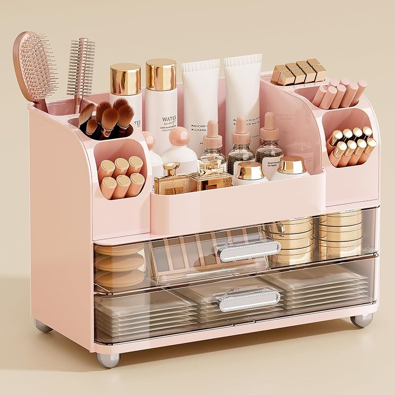Organizador de maquiagem UFORU para bancada com 2 gavetas grandes, rosa