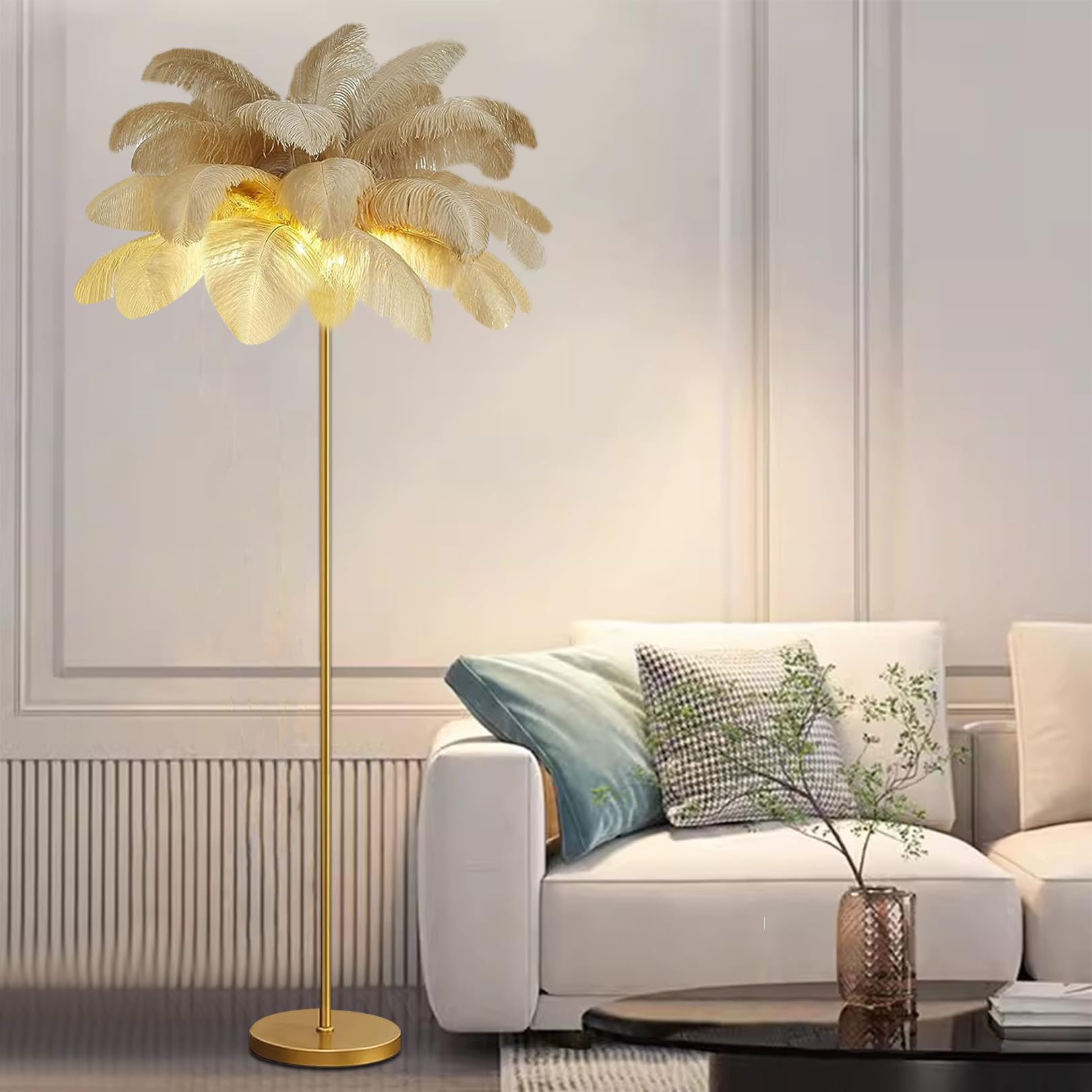 Lampe sur pied moderne en plumes d'autruche à intensité variable