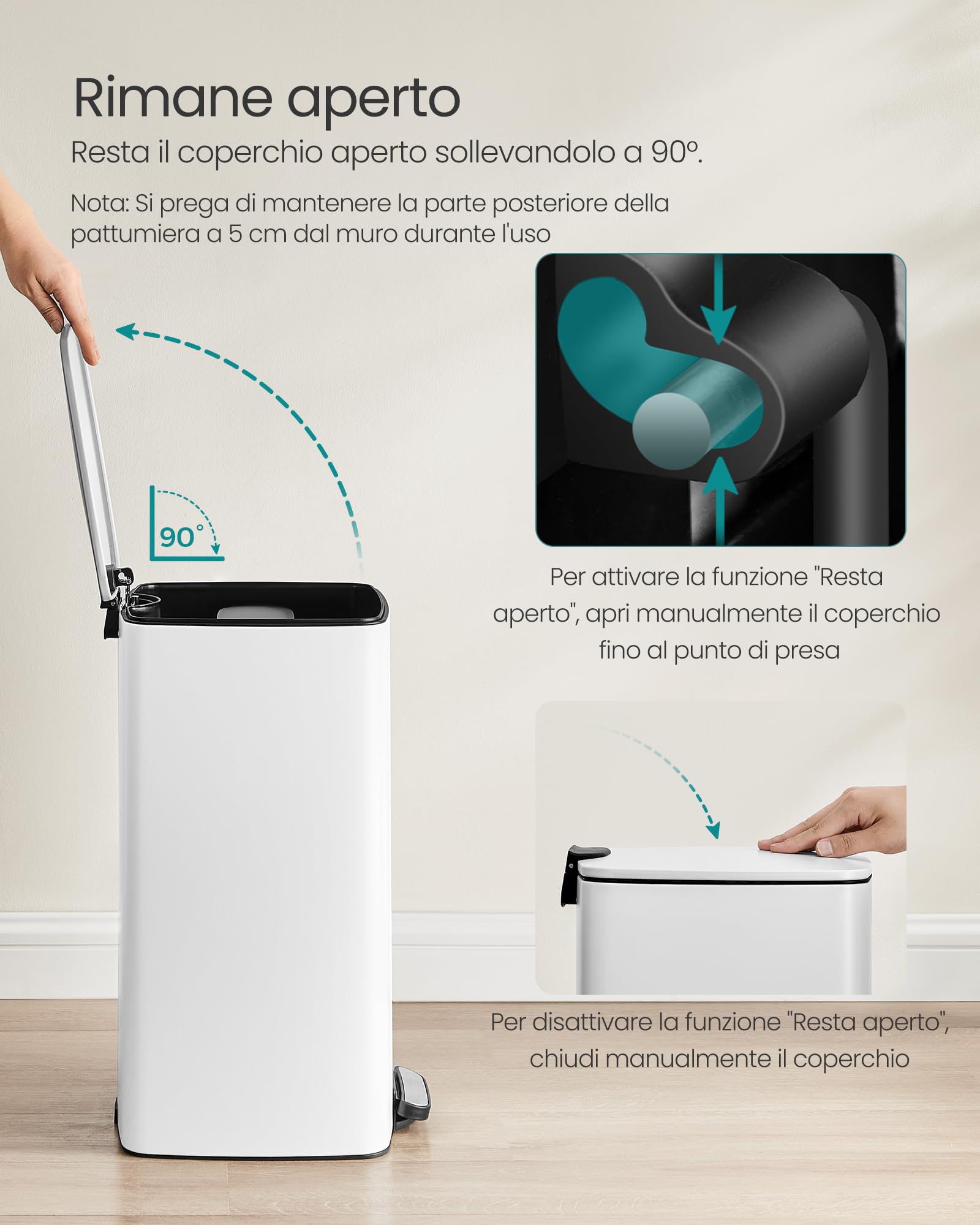 SONGMICS Pattumiera da Cucina, Cestino da 30 L, Cestino a Pedale in Acciaio, con Secchio Interno, Chiusura Morbida e Resta Aperto, Bianco Nuvola LTB593W02