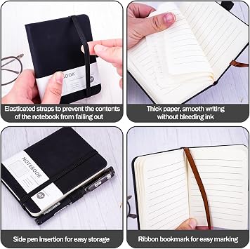 8Pcs Pocket Notebook A7 Set, 4 Small Notepad with 4 Pens, Mini Notebooks Pocket Size, Portable Leather Field Notes Journal Diary Lined Notebook with Elastic Band for School Office (200 Pages) (Black)