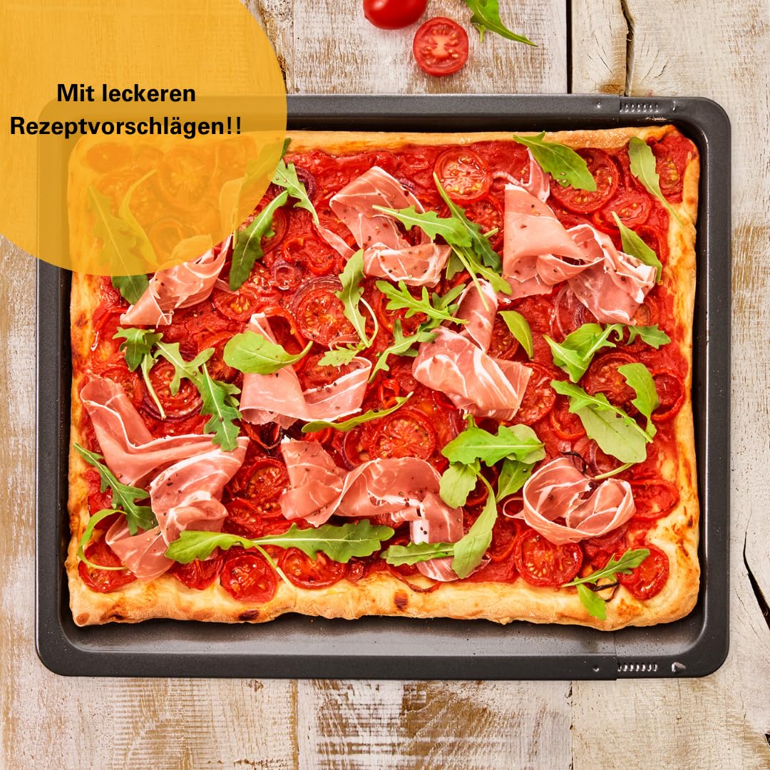 Birkmann, Laib & Seele, Backblech perforiert und verstellbar, 36-52 x 33 cm, für knusprige Böden, Antihaftbeschichtung und Rezeptvorschlag, 210585