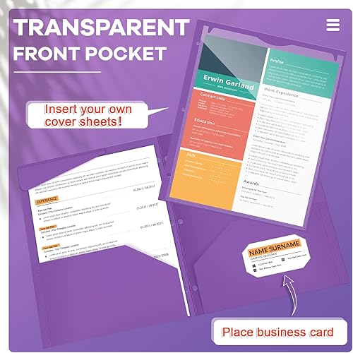 Miniatura 3 de Henoyso 36 carpetas de plástico de 2 bolsillos con bolsillo frontal transparente y 3 agujeros, tamaño carta, soporte para documentos para llevar a