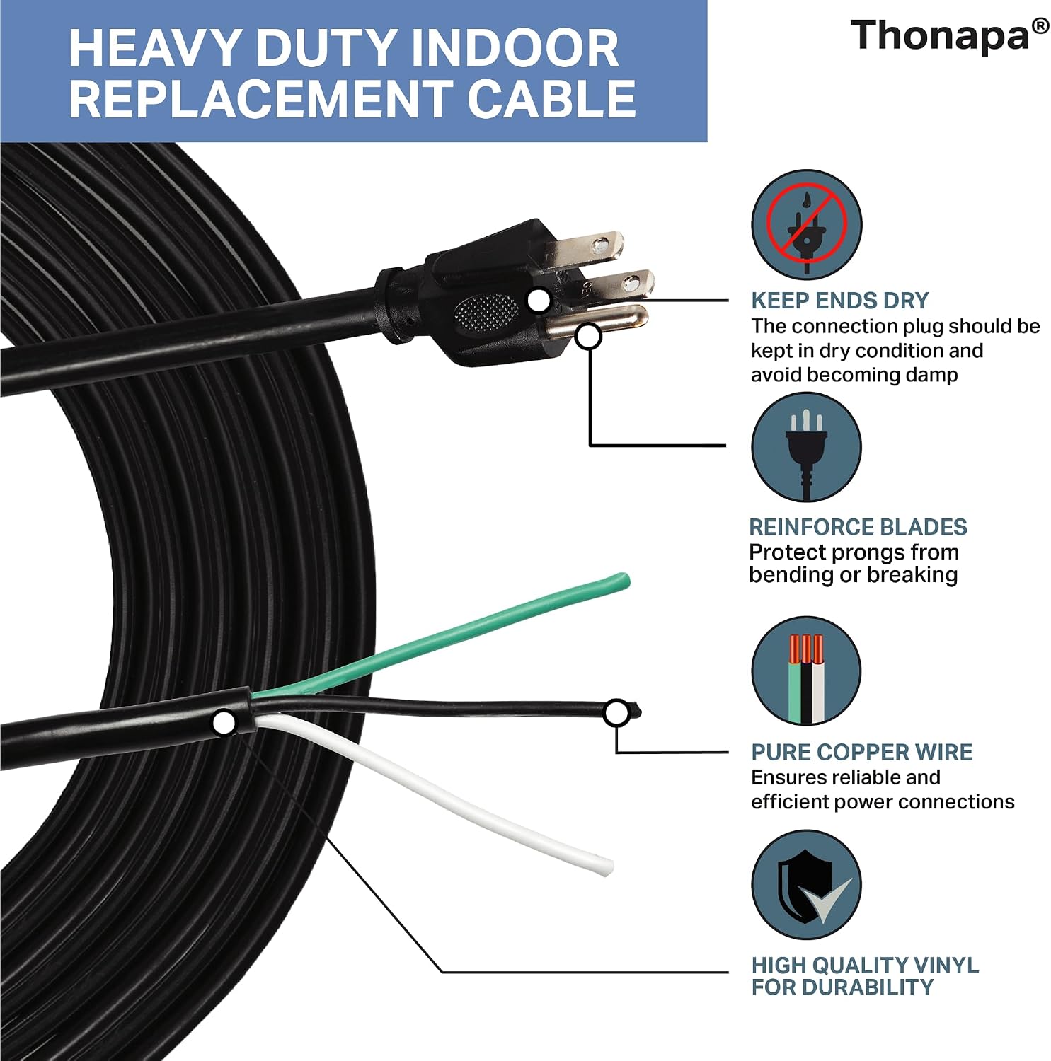 Thonapa 15 Foot 12 AWG Power Cord Replacement with Open End - 3 Prong Replacement Cord, 12/3 SJT, NEMA 5-15P Replacement Power Cable 3 Prong for Major Appliances - Black
