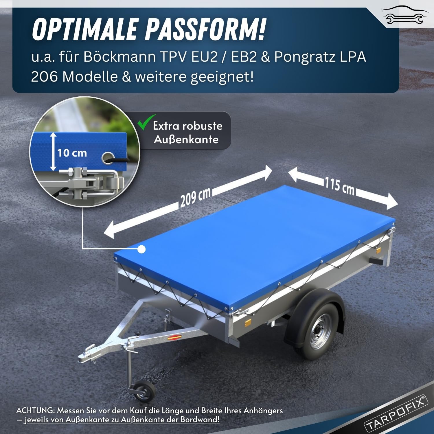 Tarpofix® Anhänger Plane 210 x 115 cm inkl. Planenseil | Anhängerplane Flachplane aus PVC PLANENMATERIAL | Verstärkte Böckmann Anhänger Plane für 750kg PKW Hänger | Abdeckplane Anhänger Abdeckung Blau