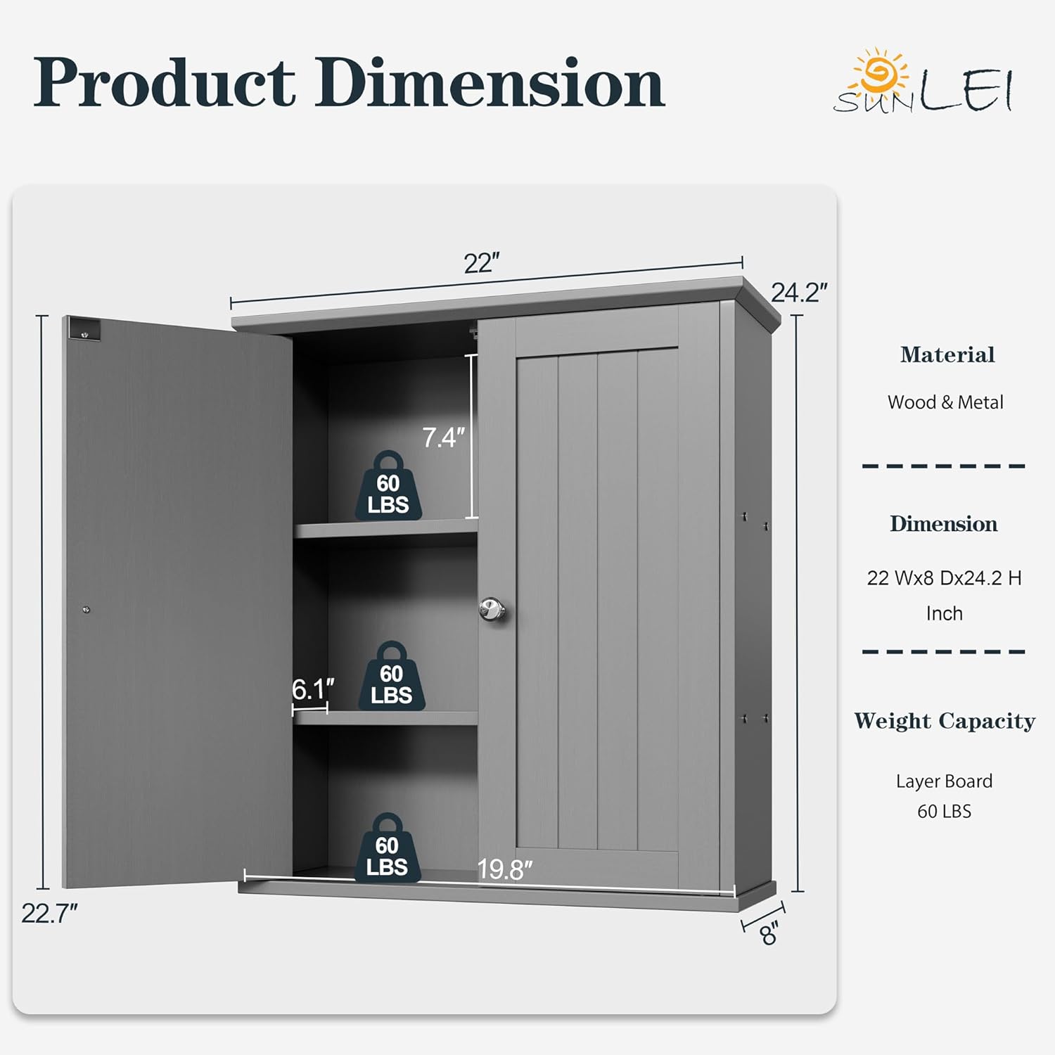 SUNLEI Bathroom Medicine Cabinet with 2 Doors, Bathroom Wall Cabinet with Storage, Space Saving Storage Cabinet with 3-Tier Shelves, Grey