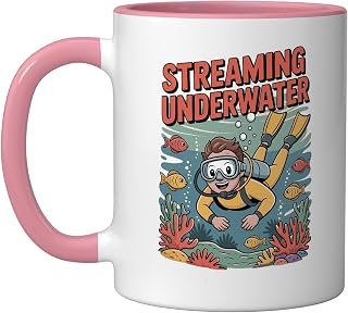 Streaming Underwater Gamer Fish with Headphones Ceramic Mug, Pink/White, 11oz